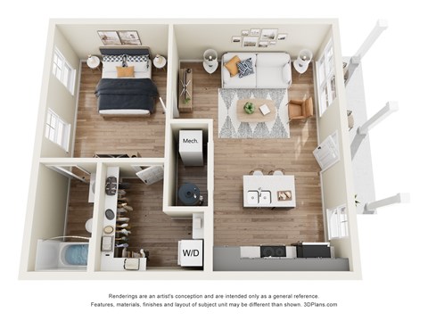 Floor plan for 1 bed, 1 bath, 672 sqft